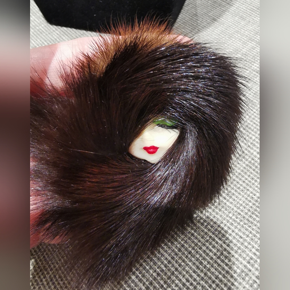 Vintage Face Brooch with dark brown fur